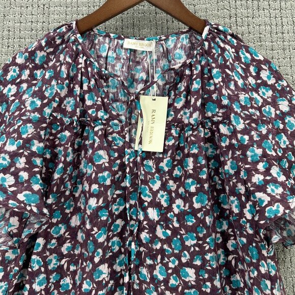Ramy Brook Blouse Womens Small Wine Blue Pullover Sidney Printed Flutter Sleeve - Picture 3 of 11